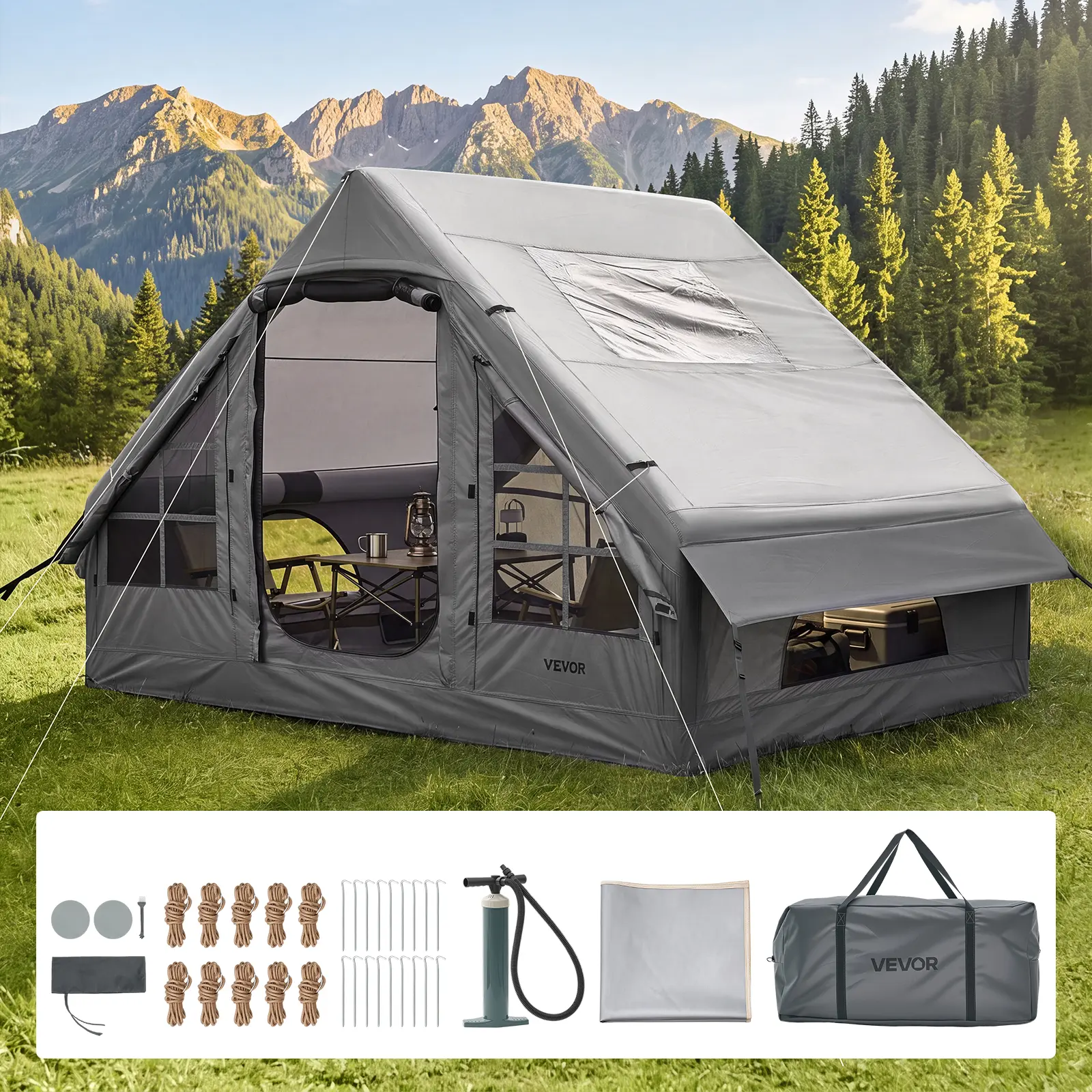 VEVOR Unisex 2-4 Person Outdoor Camping Inflatable Tent, 420D Oxford Waterproof Air Tent with Pump, Skylight Window, Stove Jack, Mesh Windows & Carry Bag for Easy Setup