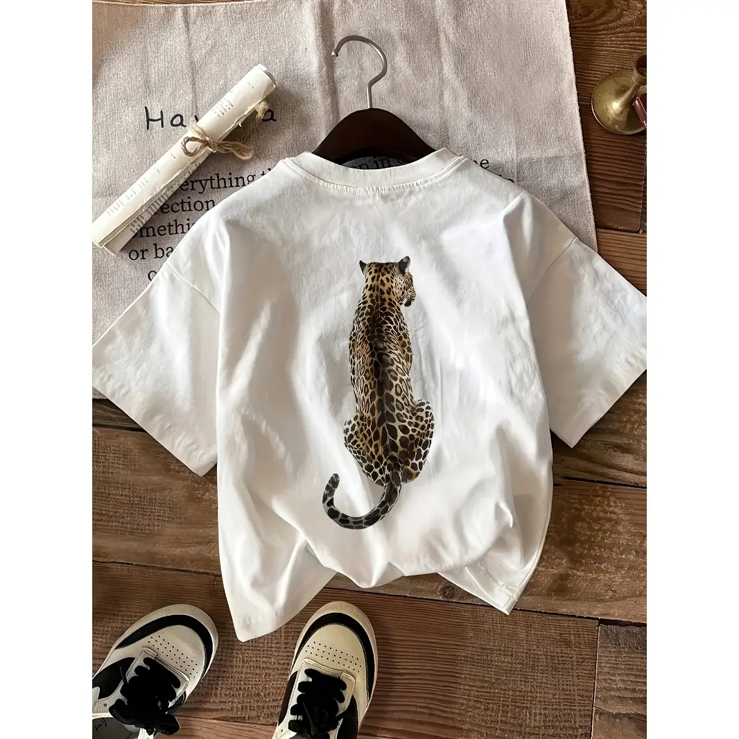 Women's Short-Sleeve Graphic T-Shirt - Regular Fit Round Neck Top, Leopard Back Print, Soft Breathable, Casual Summer Streetwear for Travel, Everyday Outfit, Shortsleeve, Tshirt, All Seasons, Machine Wash, Pure Cotton, Leopard Print, Back Graphic