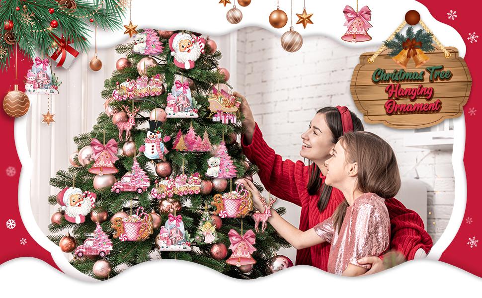 Christmas Clearance Sale 36 Pcs Christmas Ornaments Set Cute Pink Christmas Santa Claus Snowman Design Wooden Hanging Ornaments Christmas Decorations for Xmas Tree Holiday Party Home Decor Winter Crafts Supplies Christmas Gift Pink Girly Aesthetic