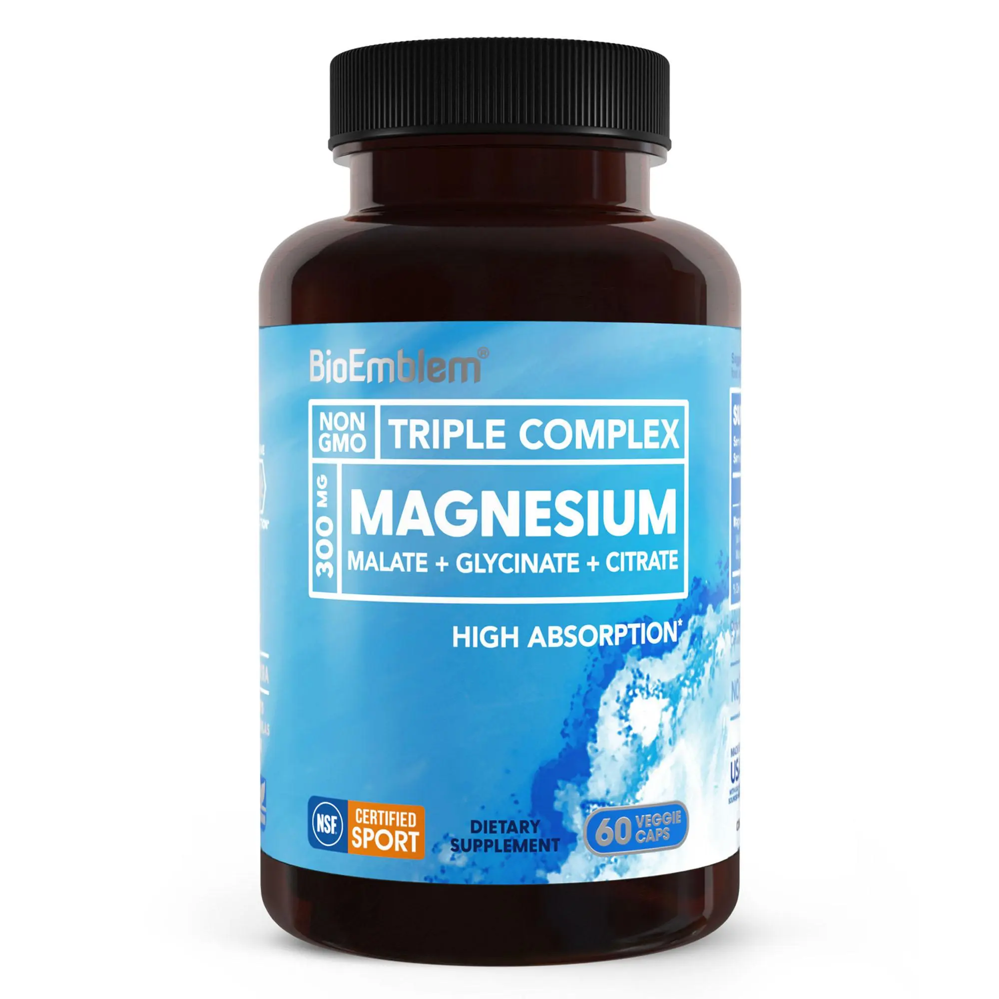 BioEmblem Multi-Ingredient Mineral Supplement Stack - 300mg Elemental Magnesium (Citrate, Malate, Glycinate) - NSF Certified for Sport - GMO-Free, Gluten-Free - High Absorption for Adults' Muscle Relief, Post-Workout Aid, Heart Health - 60 Capsules