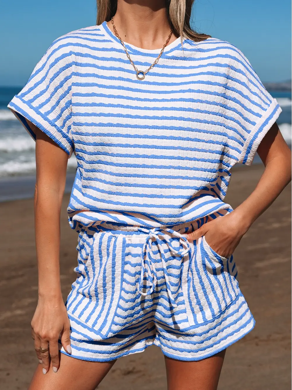 Women's Sky Blue Stripe Knitted Short Sleeve Top and Drawstring Shorts Sets Summer Beach Vacation Matching Outfits Casual Daily Lounge Gowns Two Piece Knit Sun Suits