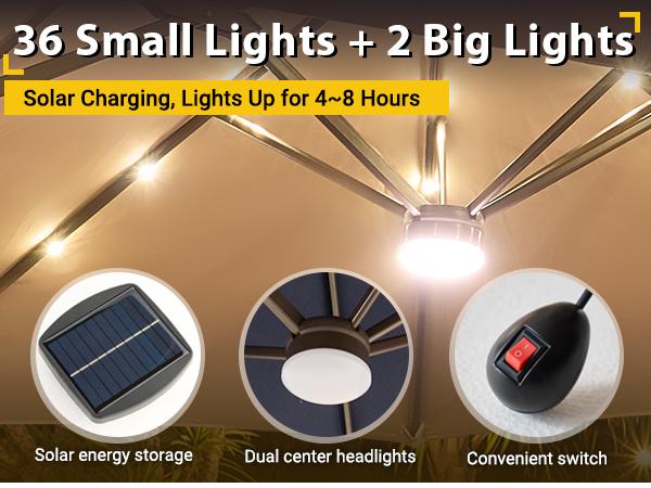 HOOOWOOO 15FT Solar LED Patio Umbrella with Base & Crank - Outdoor Market Umbrella for Garden, Deck, Backyard, Pool, Beach - Durable Water-Resistant Fabric, Adjustable Lighted Umbrella