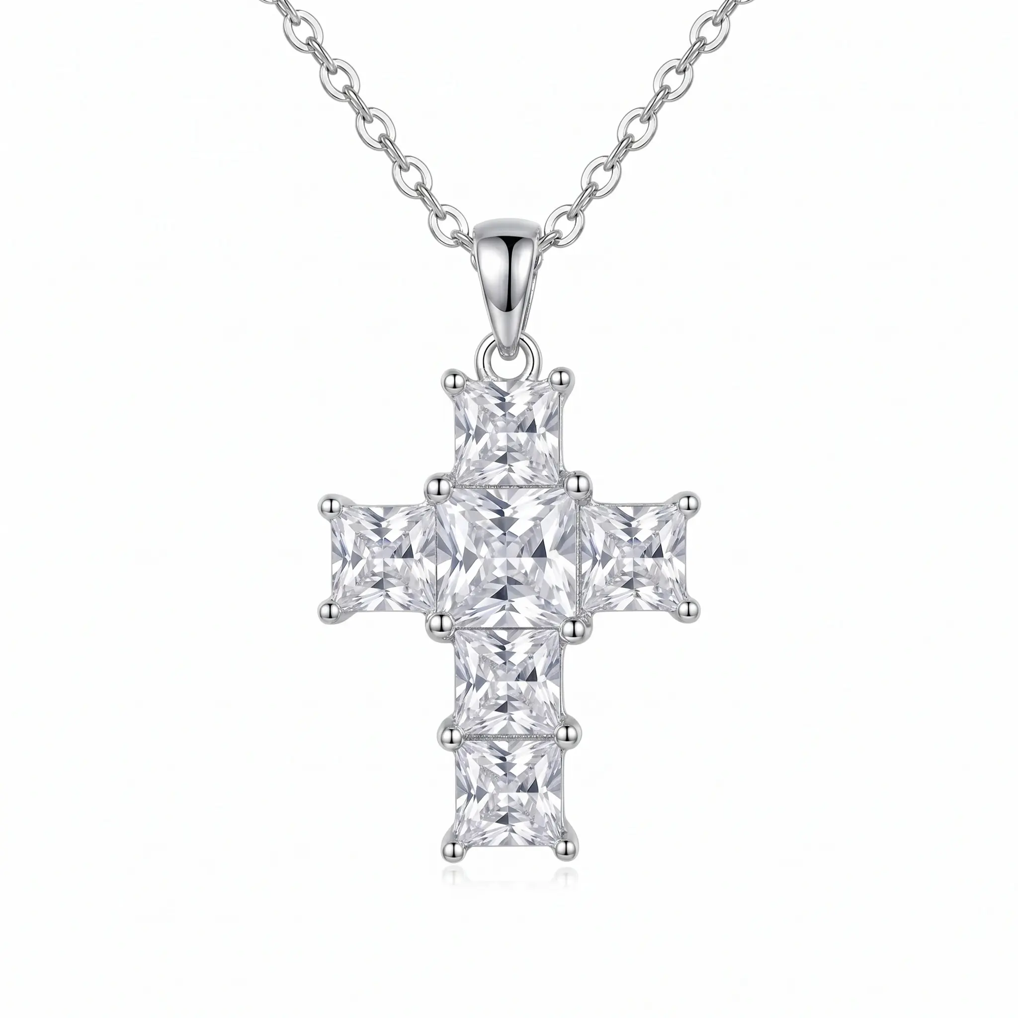 S925 Sterling Silver Princess Cut Cubic Zirconia Cross Pendant Necklace for Women Men, Hypoallergenic Anti-Tarnish Sparkly Jewelry Gift