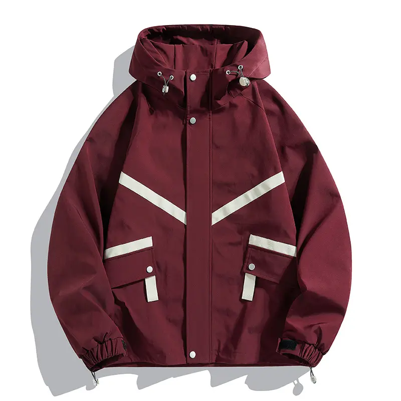 Men's Burgundy Softshell Workwear Jacket - Casual Color-Block Hooded Top with Reflective Tape for Daily Wear, Menswear, Coat