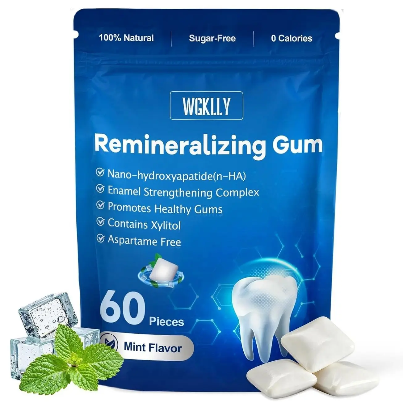 Remineralizing Gum with Nano Hydroxyapatite,Smooth Xylitol Gum Mint Long-Lasting Sugar-Free Gum Hydroxyapatite Gum for Tooth Remineralization and Fresh Breath No Aspartame Plastic-Free 60 Pieces