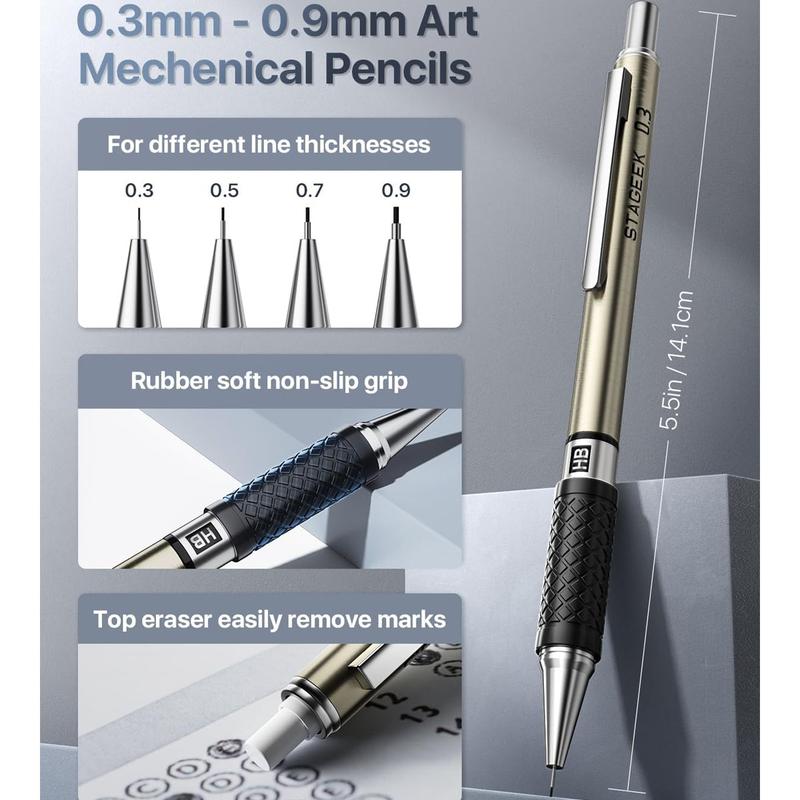 STAGEEK 6 Pack Art Mechanical Pencil Set, Drafting Pencil,3Pack Metal Drafting Pencil 0.5 mm & 0.7 mm & 0.9 mm & 3Pack 2mm Graphite Lead Holder (2B HB 2H) with 492PCS Leads (6B 4B 2B HB 2H 4H Color)For Writing, Sketching Drawing With Lead Refills Case STAGEEK 6 Pack Art Mechanical Pencil Set, Drafting Pencil,3Pack Metal Drafting Pencil 0.5 mm & 0.7 mm & 0.9 mm & 3Pack 2mm Graphite Lead Holder (2B HB 2H) with 492PCS Leads (6B 4B 2B HB 2H 4H Color)For Writing, Sketching Drawing With Lead Refills Case