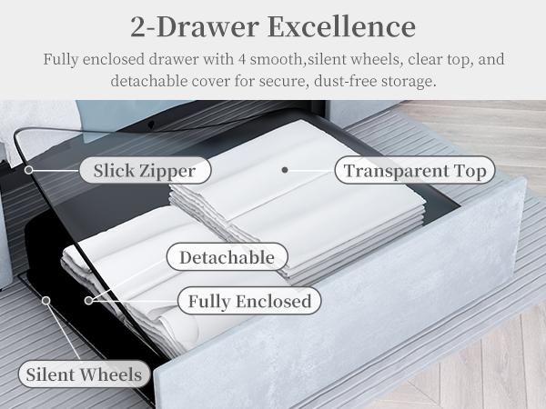 Sibeds Queen LED Bed Frame with 2 Storage Drawers, Adjustable Crystal Tufted Headboard, No Box Spring Needed, Upholstered in PU Leather or Velvet, Black/White/Beige/Gray