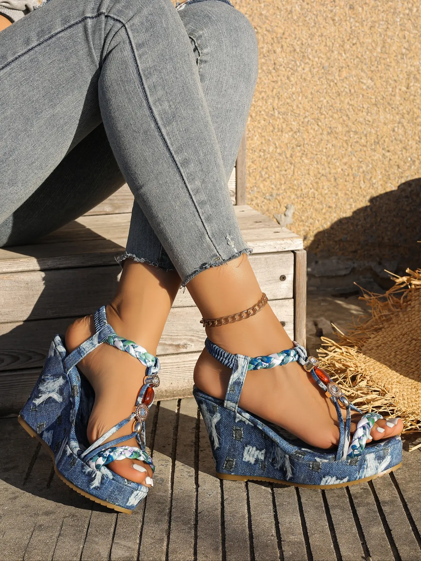 New Denim Wedge Heeled Sandals for Women, Summer High Heel Fish Mouth Shoes, Woven Strap Thick Sole Roman Flatforms, Ladies Stylish Fashion Footwear, Strappy Platform Wedges