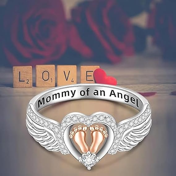 Mommy Of An Angel Ring - Angel Wing Ring for Women Mom Heart Mommy of An Angel Rings Footprint Bands Memorial Mothers Day Gifts