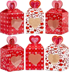 24Pcs Valentine's Day Treat Boxes 3 Design Red Heart Cardboard Box with Window Heart Top Valentines Paper Gift Container for Goodie Cookie Candy Sweet Party Favors