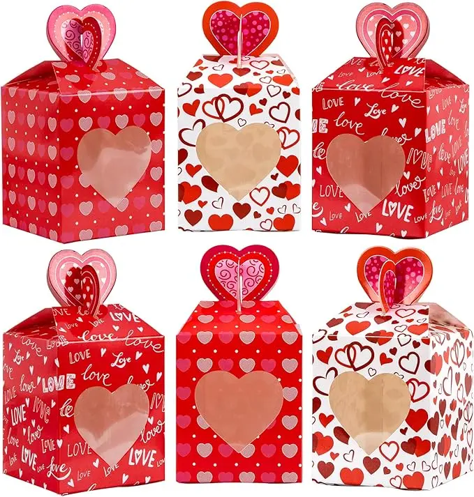24Pcs Valentine's Day Treat Boxes 3 Design Red Heart Cardboard Box with Window Heart Top Valentines Paper Gift Container for Goodie Cookie Candy Sweet Party Favors