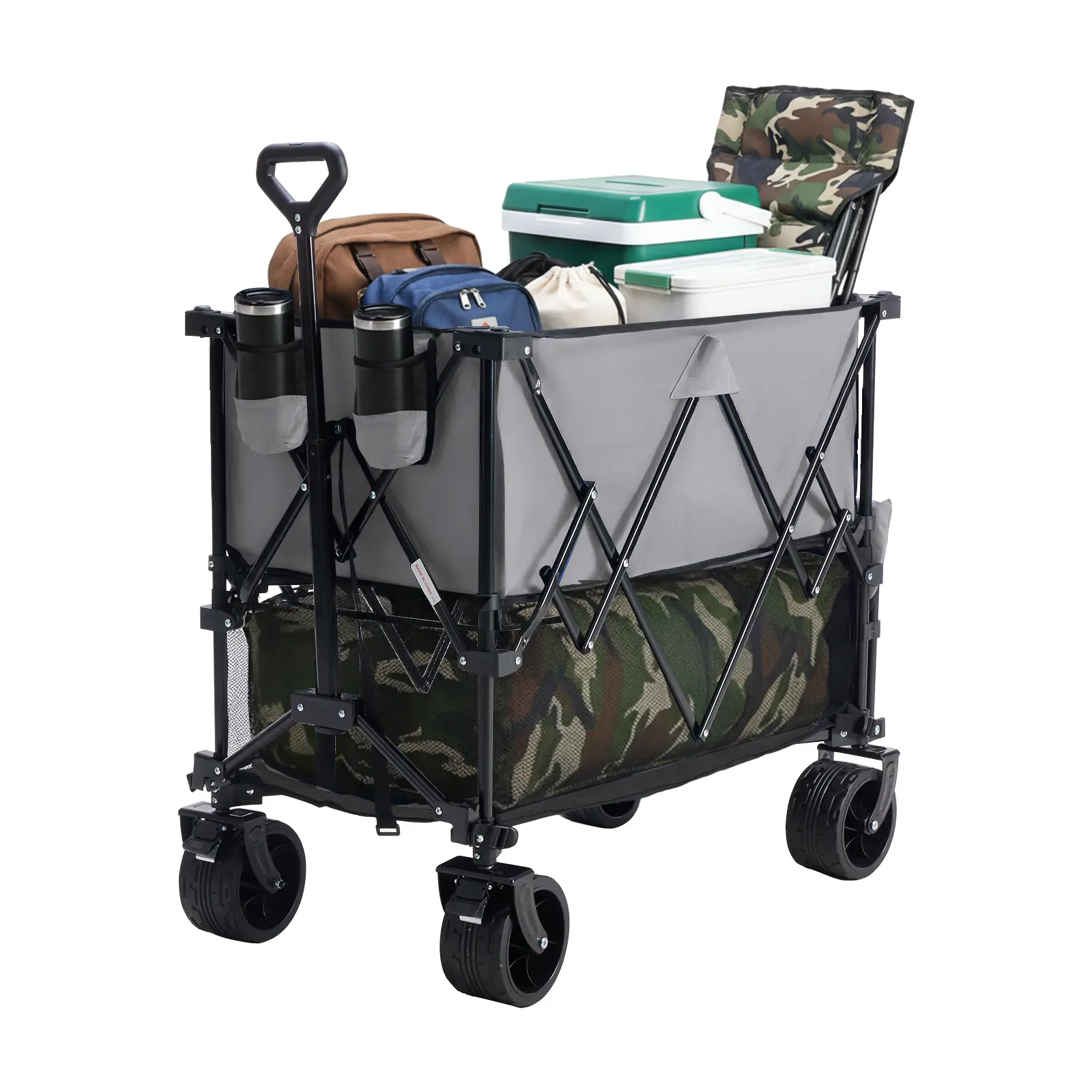Large Capacity Folding Double Decker Wagon with Brakes, 440 lbs Wagons Carts Foldable Wagon Cart with Flexible Handle, All-Terrain Big Wheels for Grocery Sports Garden Camping