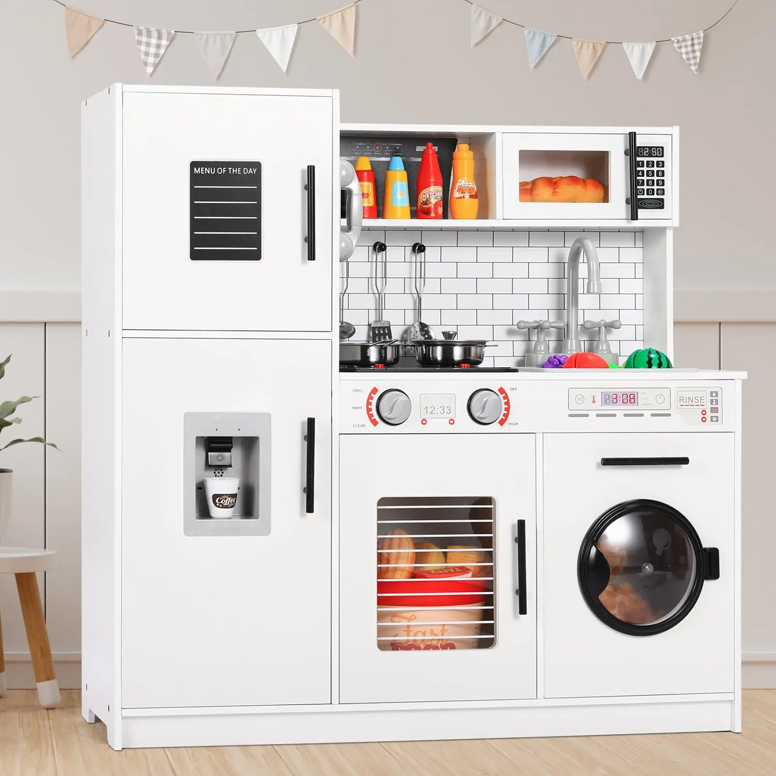 Arlopu Gift Wooden Chef Pretend Toy  Play Kitchen w/Washing Machine, Water Dispenser, Stove, Real Sound & Light, Telephone, Range Hood, Oven, Sink, homeessentials