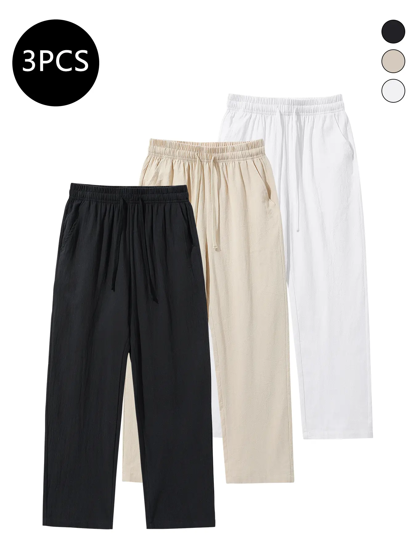 3-Pack Men’s Summer Linen/Cotton Straight-Leg Pants — Casual, Loose Fit, Versatile, Trendy Long Pants for Men
