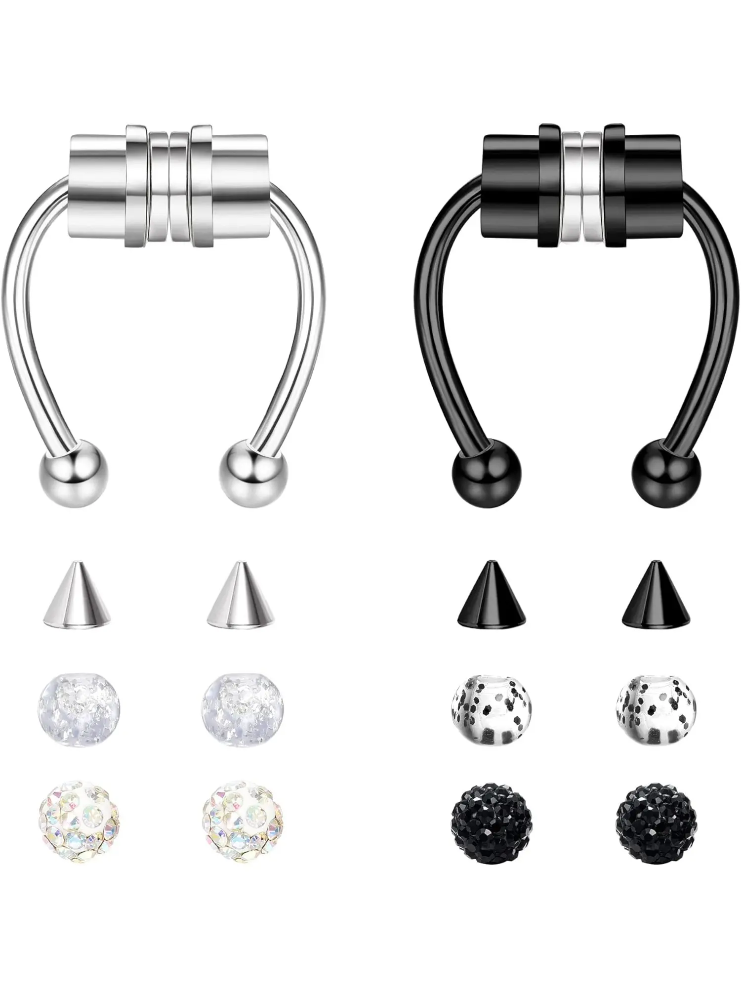 2 Pcs Black Silvery Unisex Magnetic Septum Rings for Women Men Stylish Fake Nose Hoop Design Premium Polished Stainless Steel Classic Horseshoe Silhouette Non-pierced Clip on Nose Hoops Easy To Put on And Take Off Nose Jewelry Non Piercing Jewelry