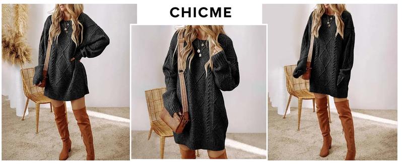 ChicMe Women's Round Neck Long Sleeve Warm Sweater Dress Casual Loose Fit Cable Knit Pullover Mini Dress