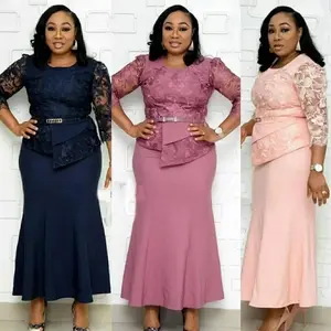 4XL 5XL Plus Size Christmas Dresses Women O Neck 3/4 Sleeve Long Maxi Dress Fashion Lace Patchwork Night Party Dress Vestidos fashion