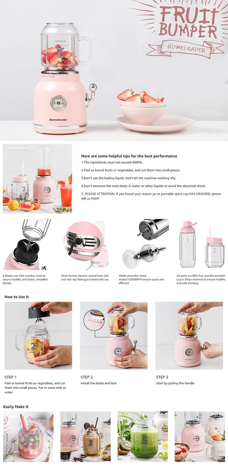 Smoothie Blender, Homeleader Personal Blender for Shakes and Smoothies, With 6 Sharp Blades, 21oz Travel Cup and Lids,Pink Machine,Function Blender Juicer
