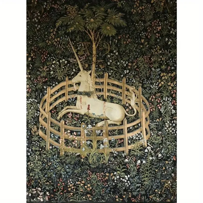 1Pc Medieval Unicorn Captivity Tapestry - Peach Velvet Polyester Wall Hanging, Landscape Theme, Home Decor For Living Room Bedroom Dorm, Woven Artwork With Installation Accessories