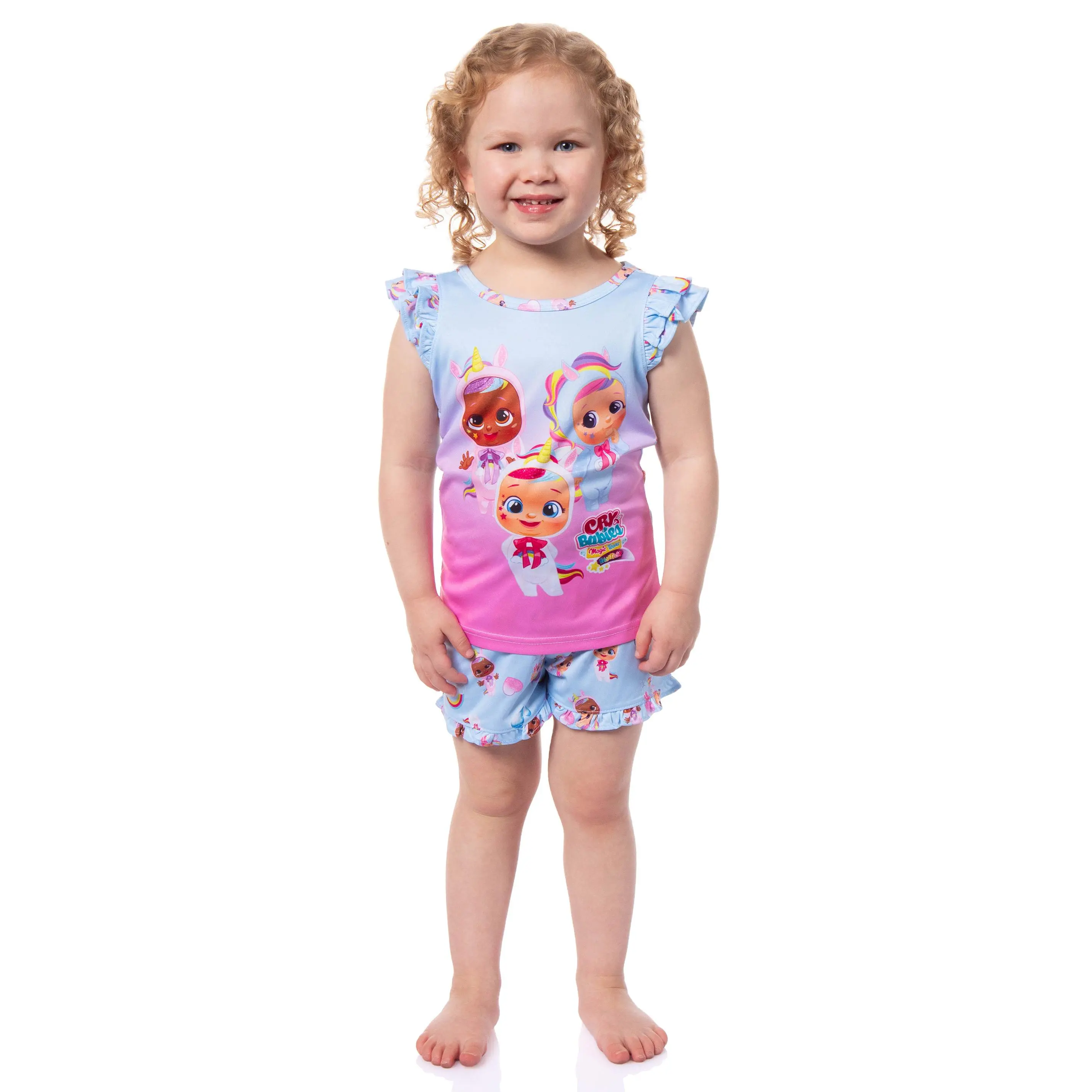 PJammy Cry Babies Toddler Girls' 4T 2-Piece Cartoon Print Sleepwear Set - Ruffle Cap Sleeves Top, Polyester Graphic Sleep Bottoms, Fantasy Unicorn Jenna Dreamy Design Toddler Pajamas