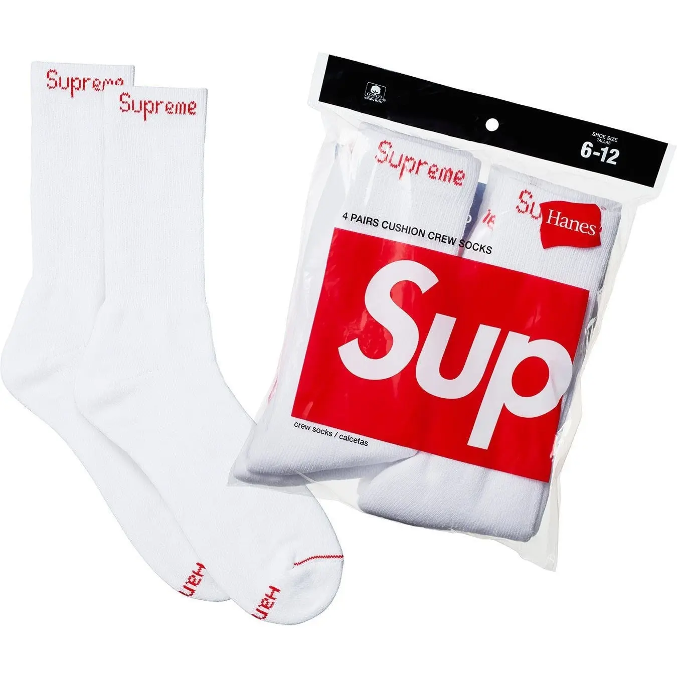 Supreme Hanes Cushion Crew Socks 4 Pack White Red Logo Cotton Athletic Tube Socks Men Women
