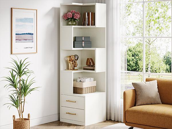 Tribesigns 5-Tier Corner Bookshelf with 2 Drawers, 66.9-Inch Tall, Modern Simple Corner Storage Cabinet Display Rack for Living Room, Home Office