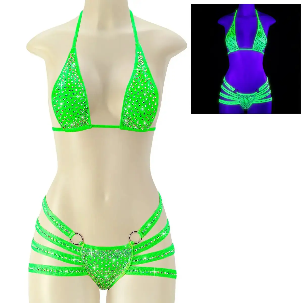 Pleaser Raven-06RS Women's Rhinestone Two-Piece Dance Set Neon Green