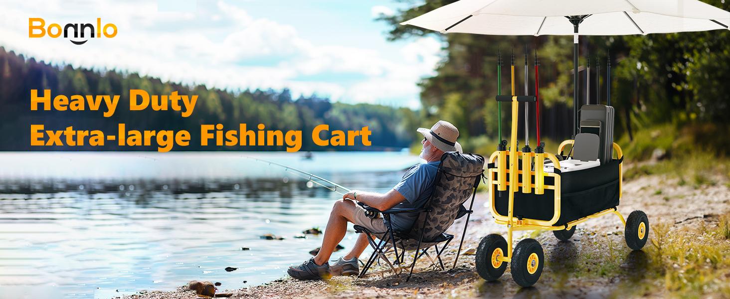 Bonnlo Beach Fishing Cart, Beach Wagon Trolley with 11" Big NO-Flat Airless Tires, Foldable Beach Trailer with Large Cargo Basket, 550 lbs Load Capacity, 8 Fishing Rods Holder, Durable Oxford Bag