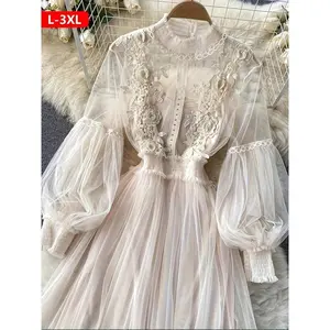Elegant Plus Size Women's Clothing, Featuring 3D Floral Lace Details, Transparent Mesh Lantern Sleeves and Pleated Sheer Skirt - Spring Summer Autumn Luxury Design - Perfect Gift for Women, Cute Dress