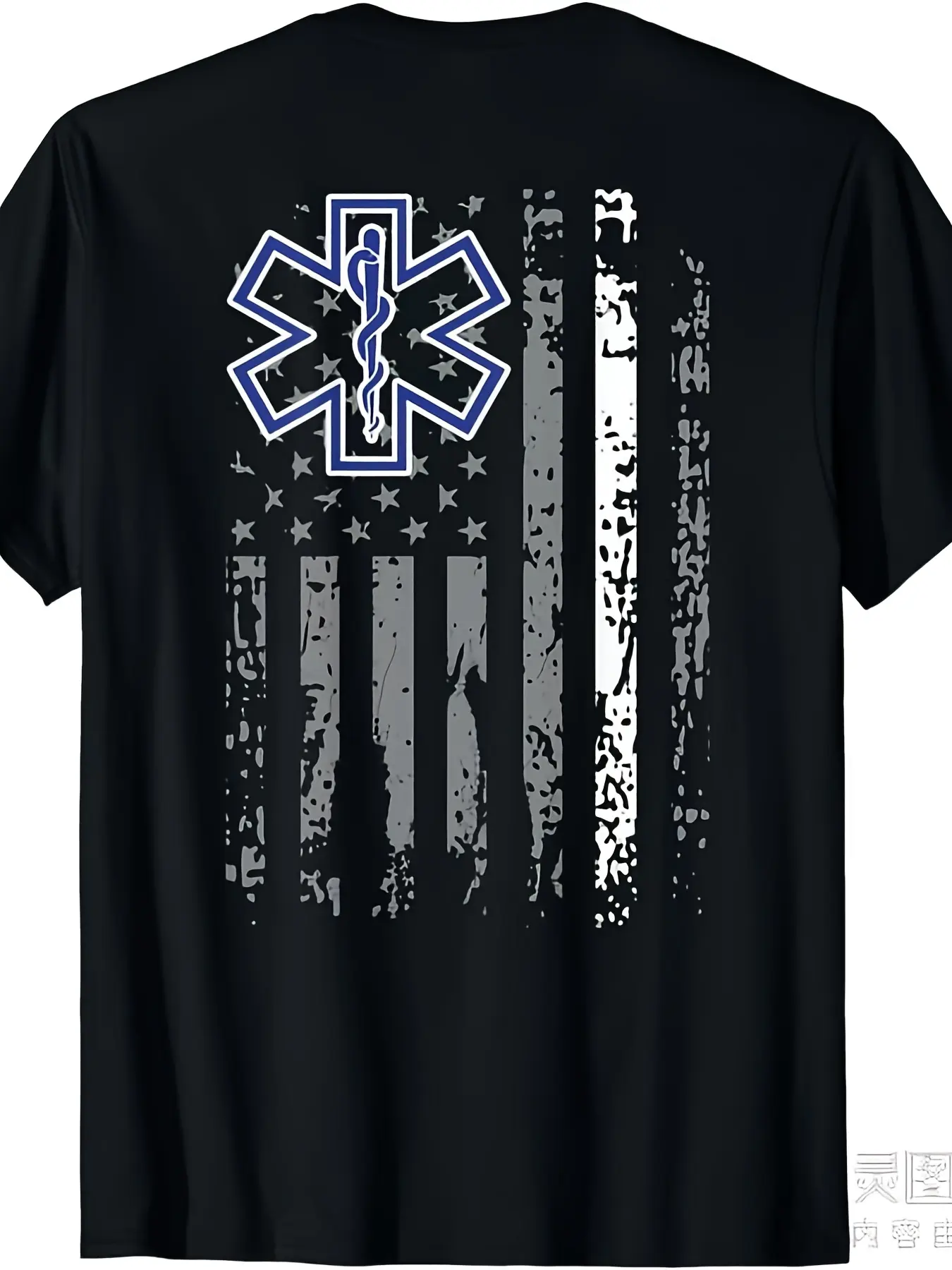 Thin White Line EMS EMT Paramedic American Flag T-Shirt - Heavyweight 220gsm Retro Unisex Tee with of Life & EMS Badge Design, All-Season Fit for First Responders, Men & Women (Back Print)