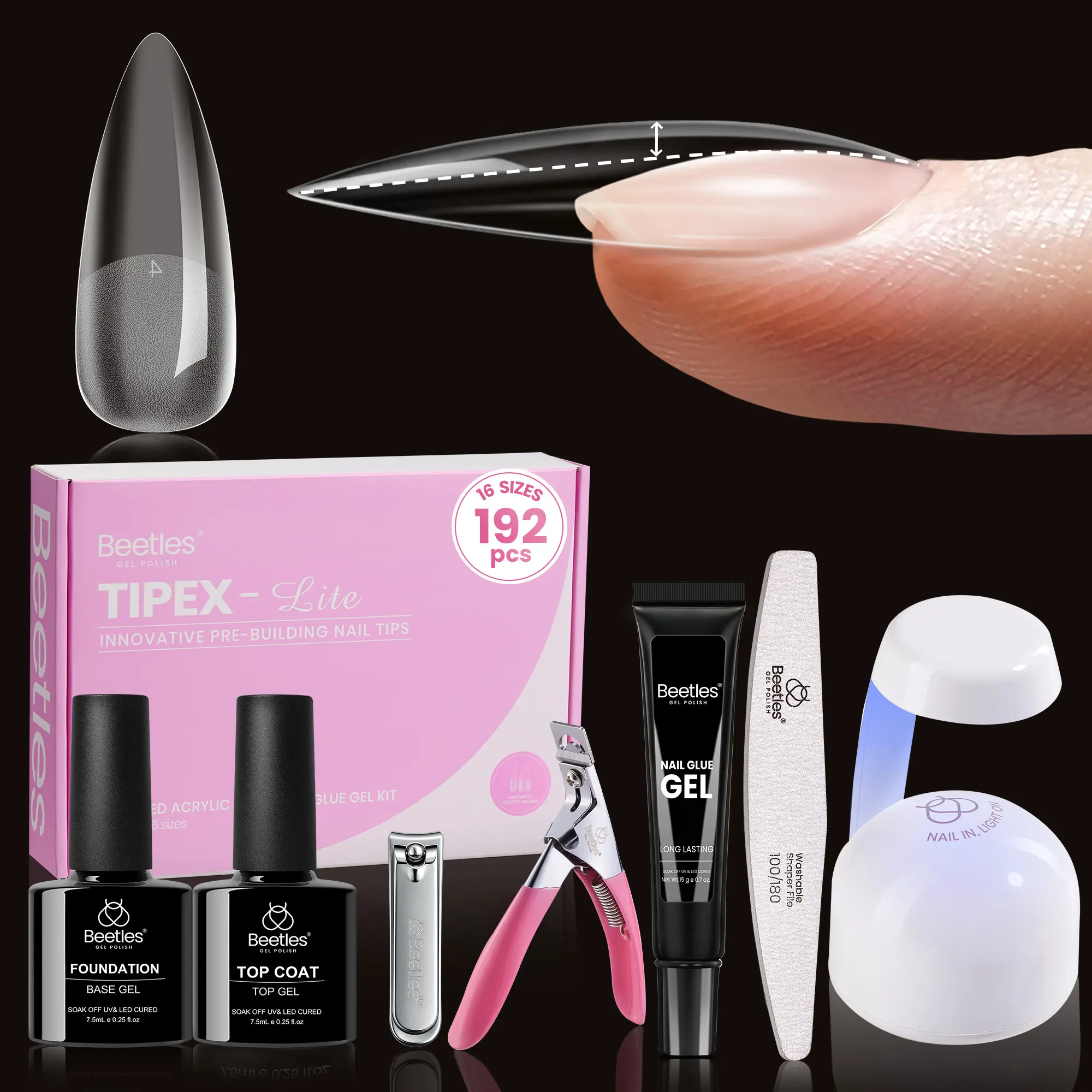 Beetles Tipex Lite Apex Nail Tips Kit 192PCS All in One Kit with UV Nail Glue, Base & Top Coat, Mini Nail Lamp, Nail Clipper & Cuticle Nipper,Pre-Building Pre-Etched Acrylic Tips Kit