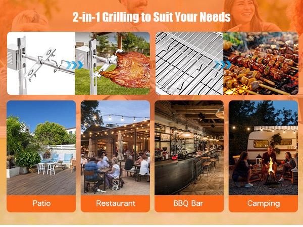 AMERLIFE Electric Rotisserie Grill Kit with Windscreen, 46" Height-Adjustable Charcoal Roaster, 132 Lbs Capacity, 45W Motor, Stainless Steel Spit with Lockable Wheels for Outdoor Camping Portable Bbqs Rotating