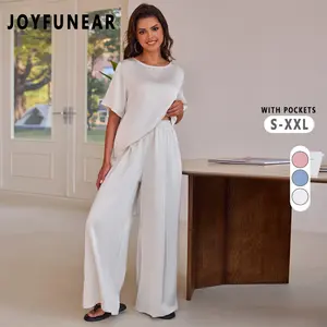 Joyfunear Women's round Neck 2 Piece Set Wide Leg Pants Set Short Sleeve satin Pullover Tops Wide Leg matching set