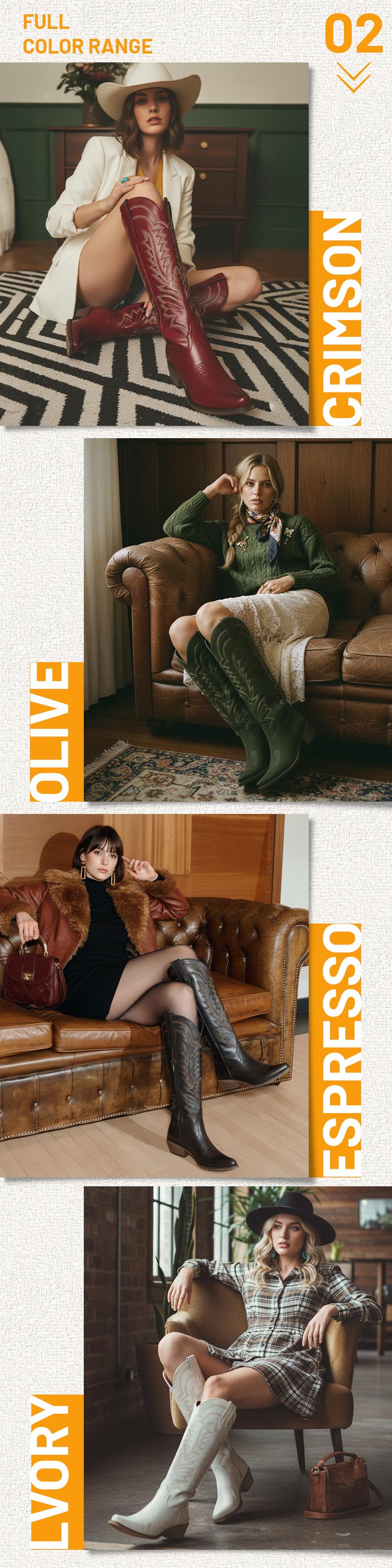 Western Style Knee High Cowgirl Boots with Embroidered Design for Women Side Zipper Snip Toe Comfortable Western Style