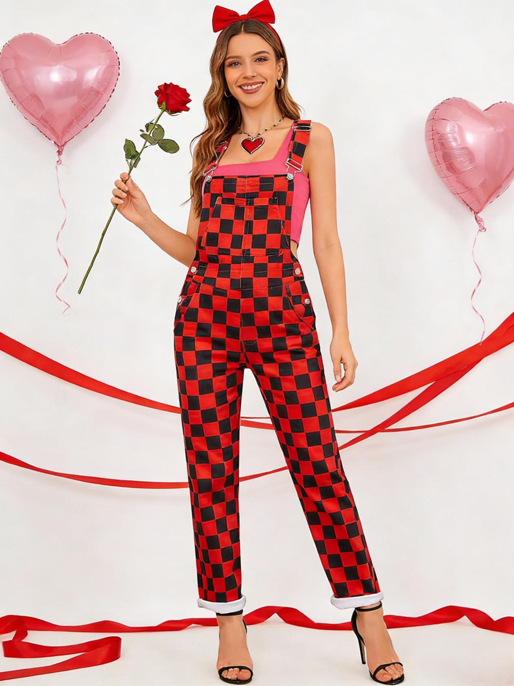 ODEFOU St. Patrick's Day Checkered Overalls for Women Stretch Plaid Print Football Game Outfit Fashion Jean Jumpsuit Cute Denim Bibs Coveralls Sleeveless Clothes Spring Fall Winter Festival Vibes Womenswear