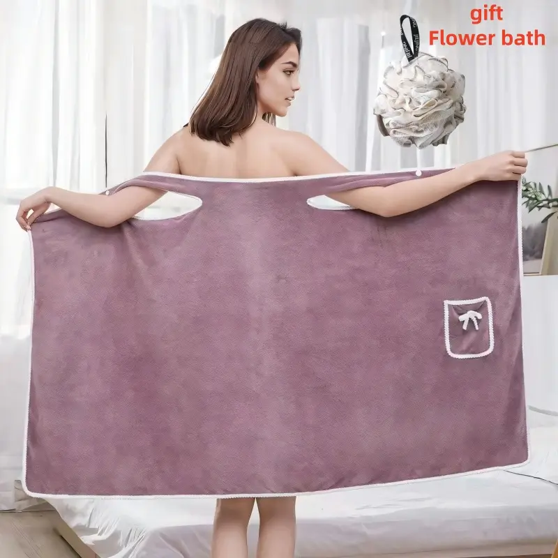 Women's Female Multi-Purpose Coral Fleece Bath Towel - Wearable Bathrobe with Pocket, Ideal for Bath & Beach, Includes Shower Loofah (Blush Pink), Multi-Purpose Bath Towels