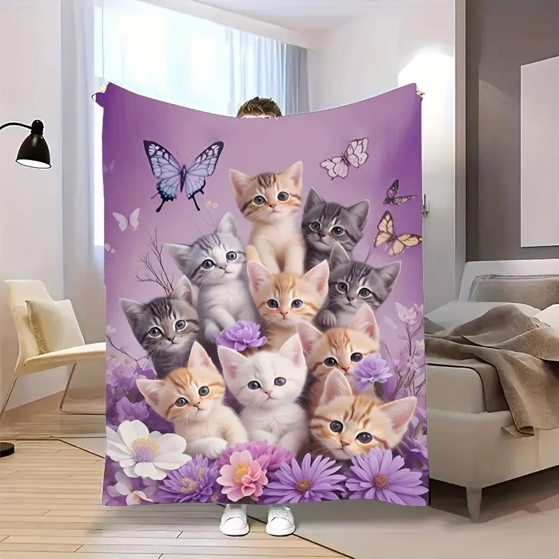 Soft Cozy Flannel Blanket Throw - Purple Butterfly Print Flower-Shaped Fluffy Colorful Animal-Inspired Blanket, Plush Warm for Bedroom Sofa, Ideal Gift for Cat Lovers, Fluffy Blankets, Colorful Blankets