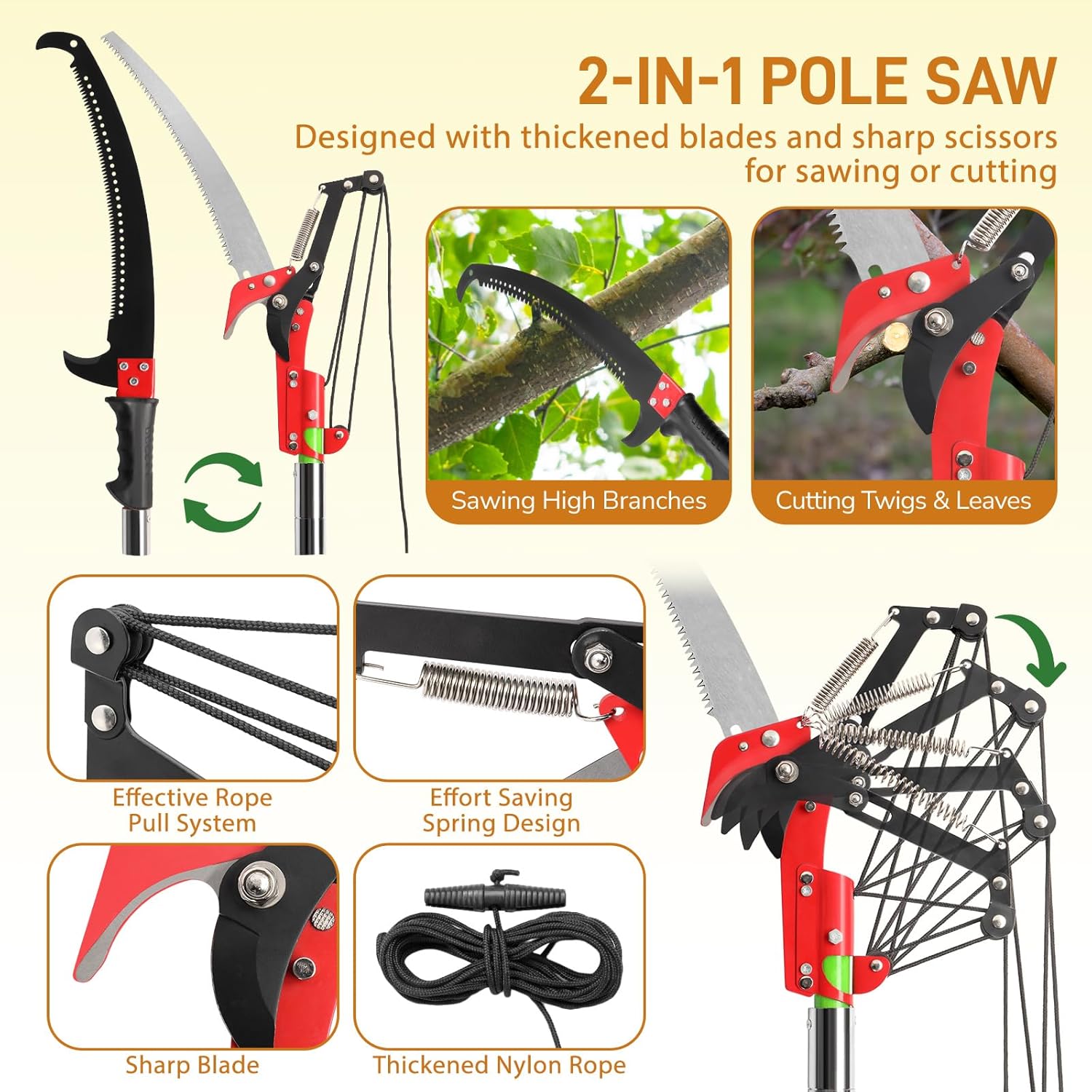 Ubesgoo Manual Pole Saw for Tree Trimming, 26 ft Extendable Tree Pruner, Sharp Steel Blade and Scissors, High Tree Branch Cutter with Lightweight 8 Fiberglass Long Handles, for Pruning Palms and Shrubs