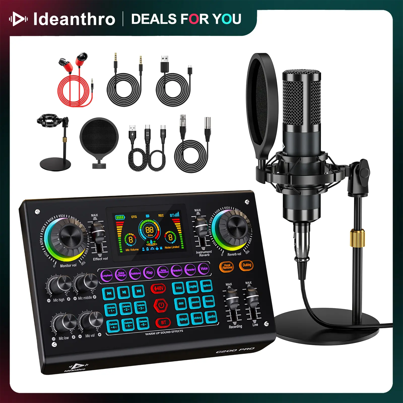 【US】Ideanthro C200 PRO-P15 Live Streaming Sound Card, Dual-Core DSP Mixer, Dual XLR/3.5mm Mic Inputs, Multiple Voice Effects for Content Creators & Podcasters #SummerWins #DealsForYouDays