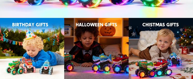 JOYIN Toys for Kids 3 Pack Monster Truck Toy, Motion Activated Light-Up Cars, Press & Go Cars for Boys Girls, Christmas Gifts for Kids Baby Toy Present Dinosaur Carrier Truck,MONSTER TRUCK SET Valentine's Day Gifts for Kids