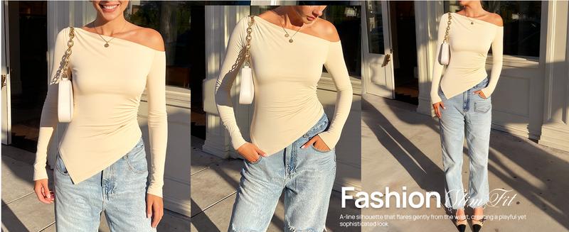 ZESICA Women's Off The Shoulder Tops 2026 Long Sleeve Y2K Asymmetrical Ruched Fitted Shirts Fall Trendy Going Out Top
