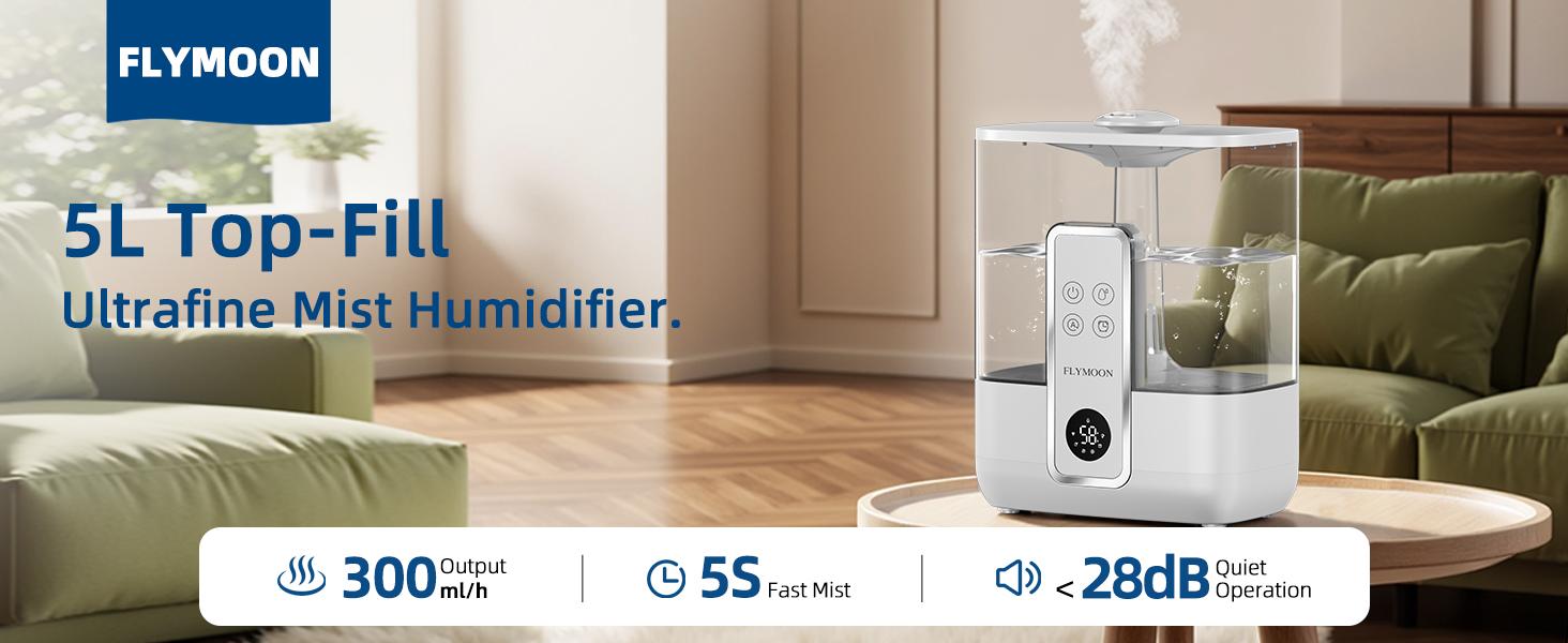 Flymoon 5L Quiet Cool Mist Humidifier for Bedroom,WiFi Control&Touchscreen,Air Humidifier for Baby & Plants, Top Fill, 28dB, 3 Mist Levels, 12H Timer for Office,Large Room,Plant House