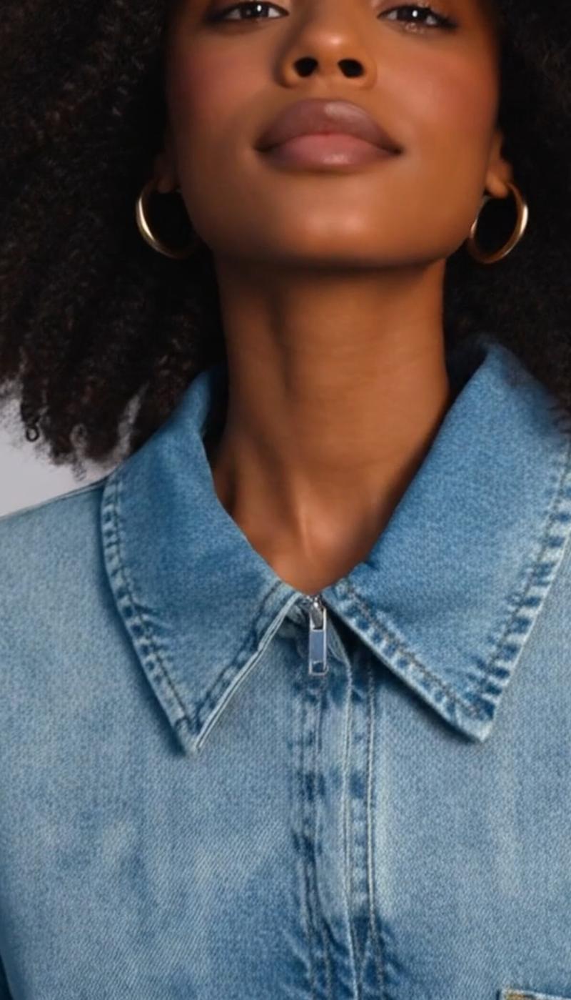 Elengatine Women's Denim Dress Half-Zip Collared Vintage Washed Blue Loose Fit Long Sleeve One Chest Pocket Trendy Casual Top for Daily Wear & Street Style Looks - Chic Autumn and Winter - Womenswear Suitable for all people, sizes range from XS - 5XL