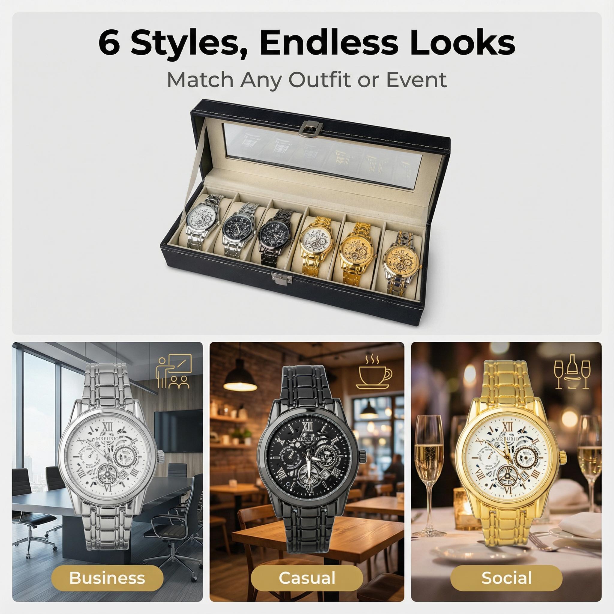 Valentine's Day 6 in 1 Men's Watch Set Iced Watches Dress Sport Casual Styles with Leather Box Perfect Gifts for Dad Husband 2025 New Release