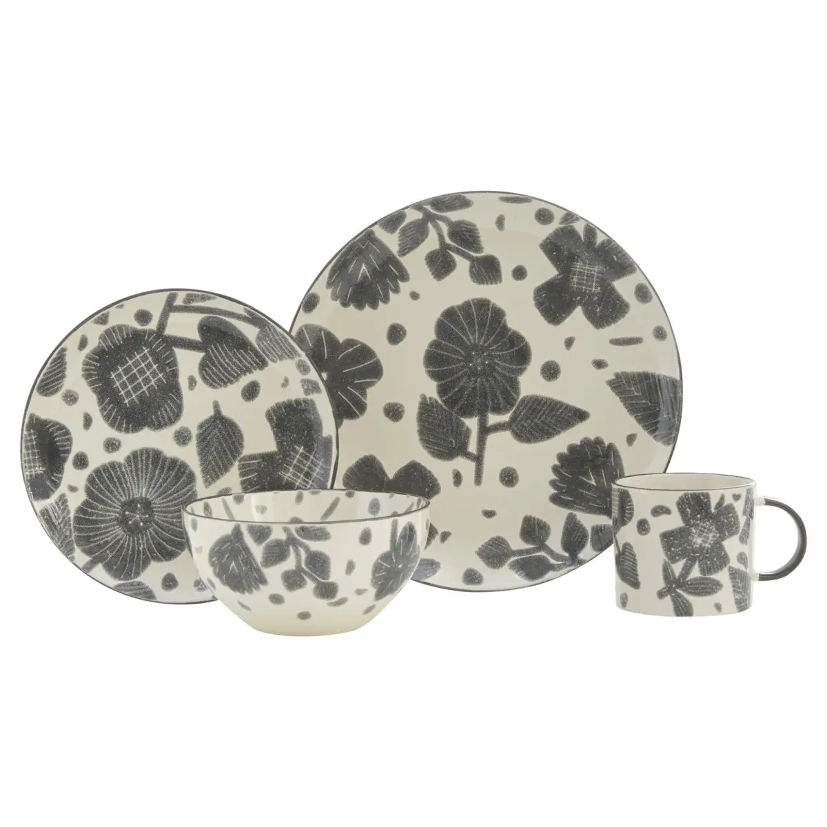 212 MAIN 16-Piece Gray & Ivory Round Floral Ceramic Dinnerware Set for 4, with Handle Dinner Sets