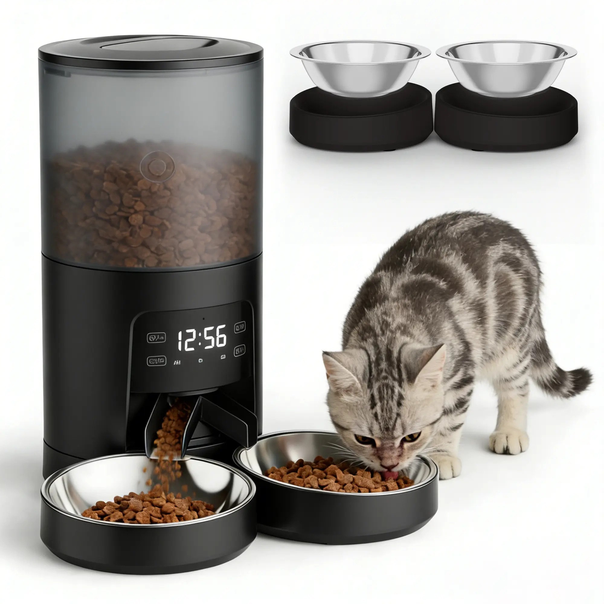 Sweetcrispy LIVE - 6L Automatic Cat Feeder for 2 Cats, Timed Pet Food Dispenser, 2 Stainless Bowls, 10s Voice Call, Dual Power Supply, 6 Meals Per Day, 50 Portions Per Meal, Dual Pet Feeder for Cat and Dog
