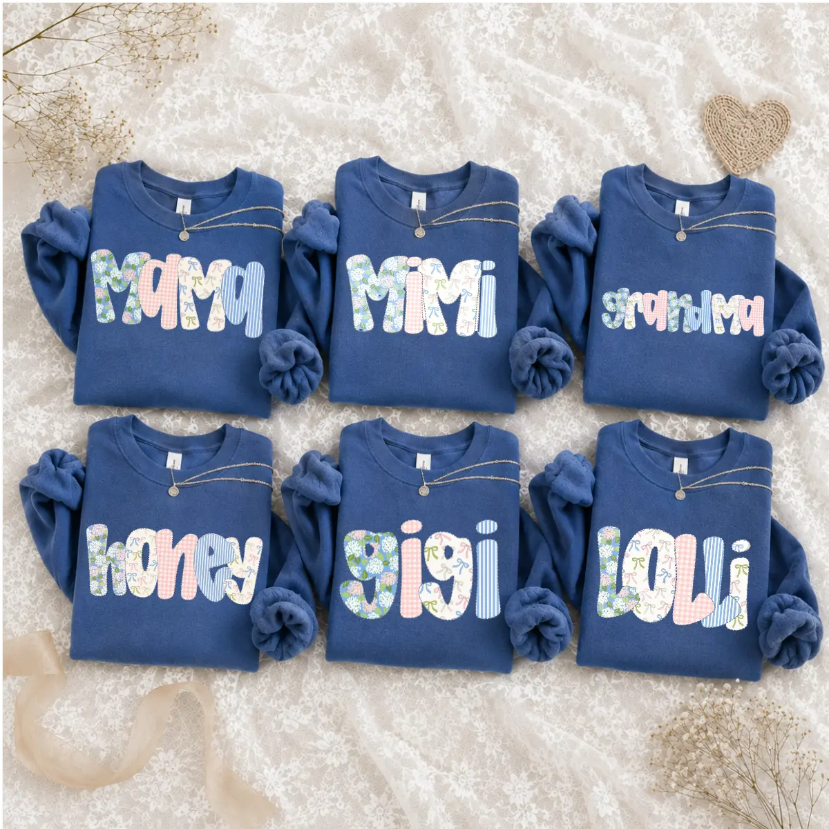 Personalized Mama Mimi Gigi Lolly Sweatshirt, Custom Family Name Crewneck, Patchwork Bow Letter Sweatshirt, Matching Family Sweatshirt, Grandma Mom Gift, Mother's Day Crewneck, Custom Mimi Gigi Gift - DPCLICK