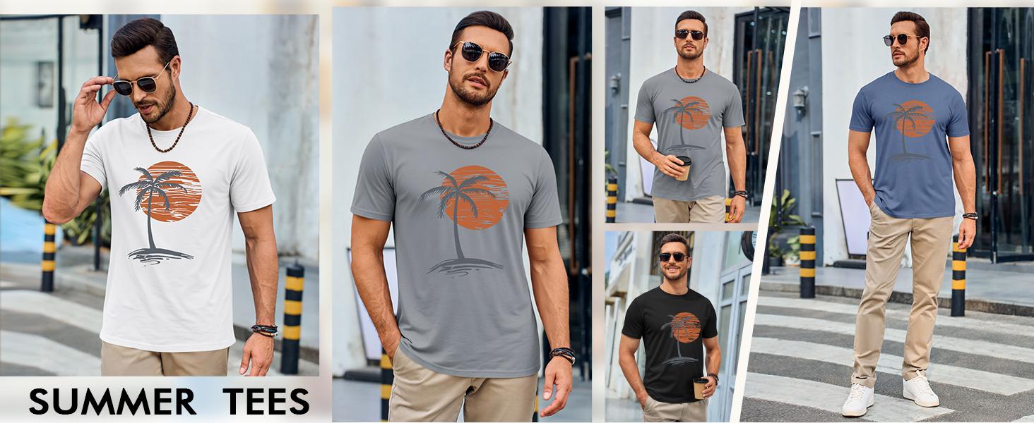 Runcati Mens Short Sleeve T-Shirts Crew Neck Casual Shirt Summer Beach Palm Tree Vintage Hawaiian Tees