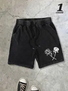 Vintage Street Rose Print Trendy Washed Shorts, Fitted Casual Style, Plain Pattern, High-Quality Fabric, Perfect for Everyday Wear