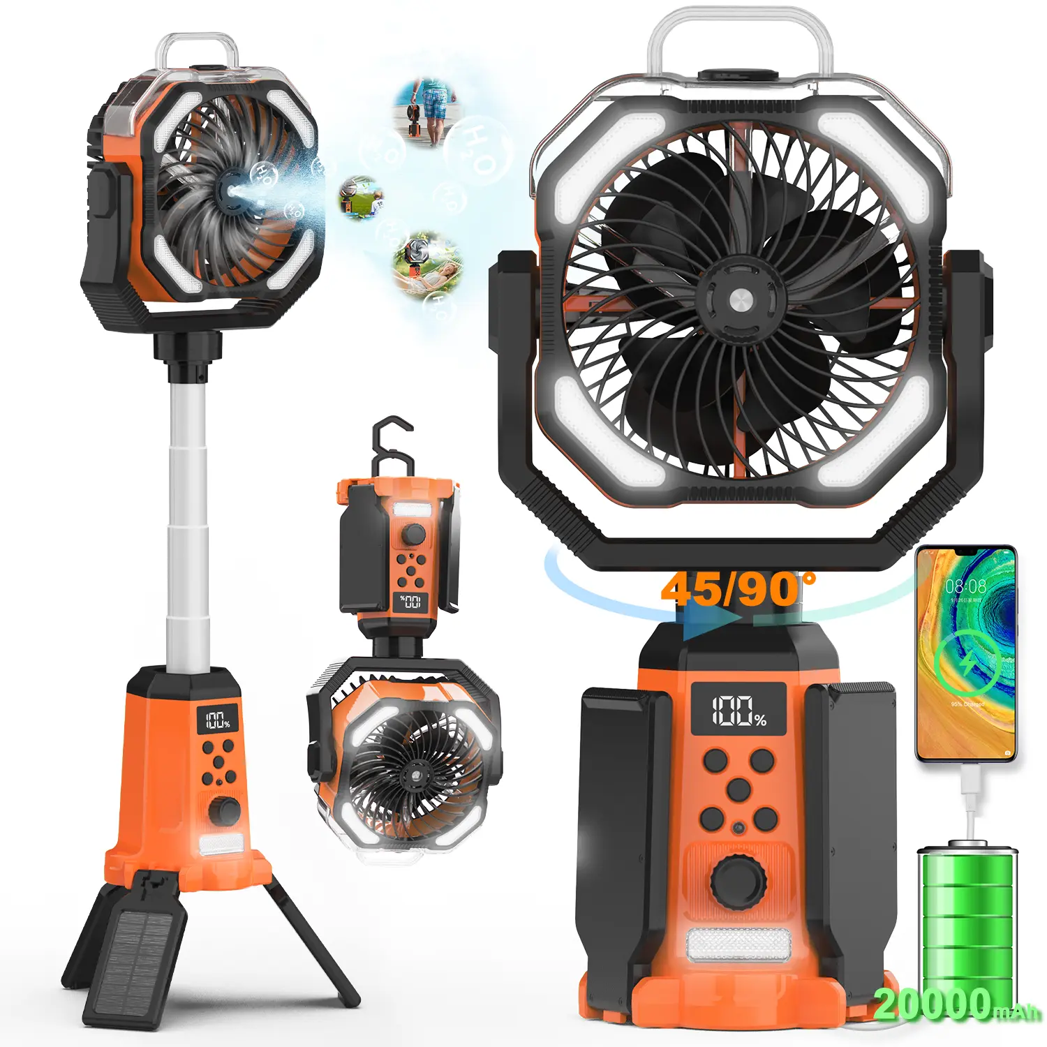 4-in-1 Wireless Portable Camping Fan - 20000mAh Rechargeable, Spray Function, LED Light, 270° Head Pivot, 26.24ft Remote, Adjustable Desk Portable Fans, Stay Cool for Camping, Outdoor Use,back to school,back to school haul